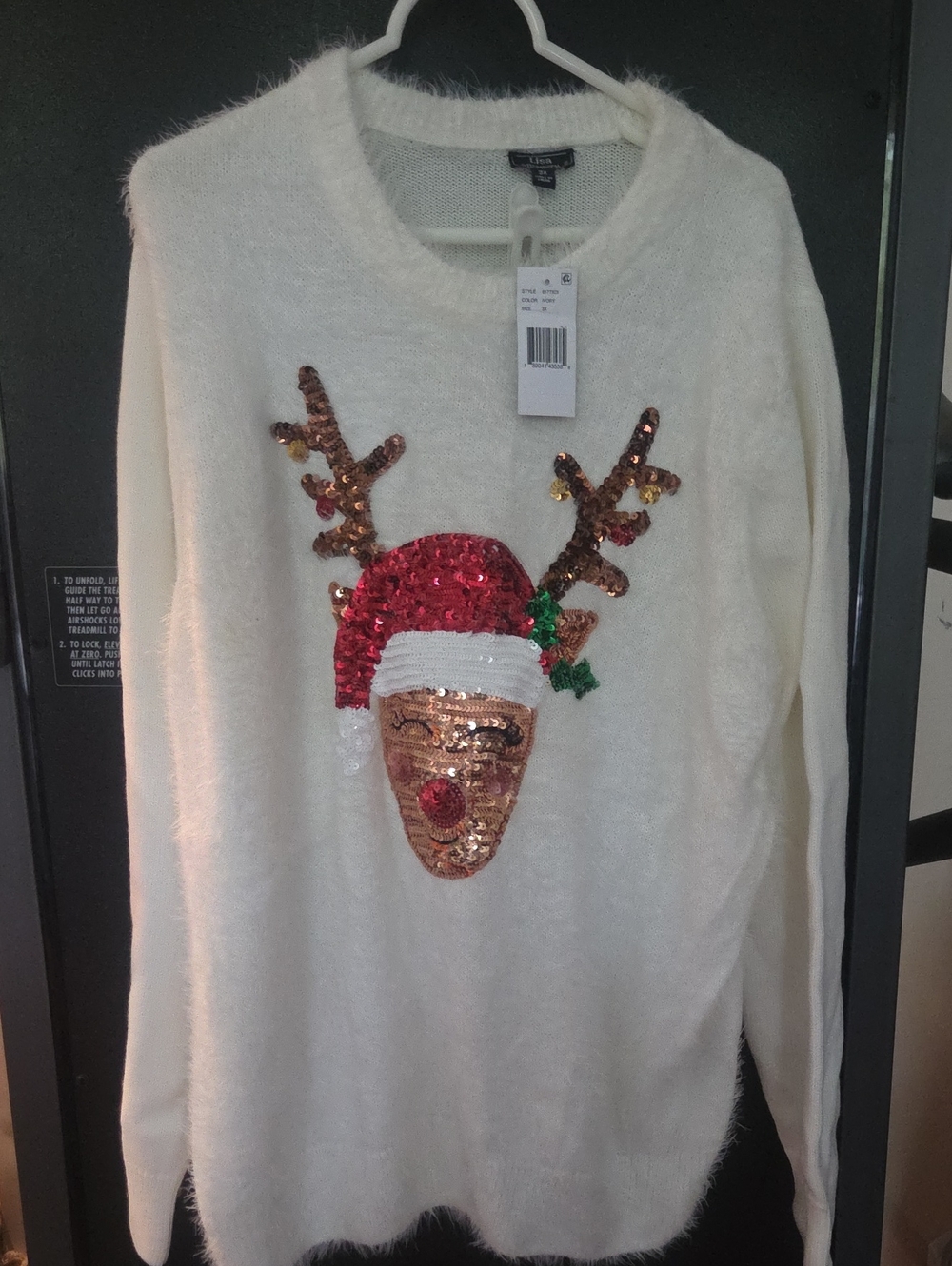 Lisa international Cream Sequin Reindeer Sweater